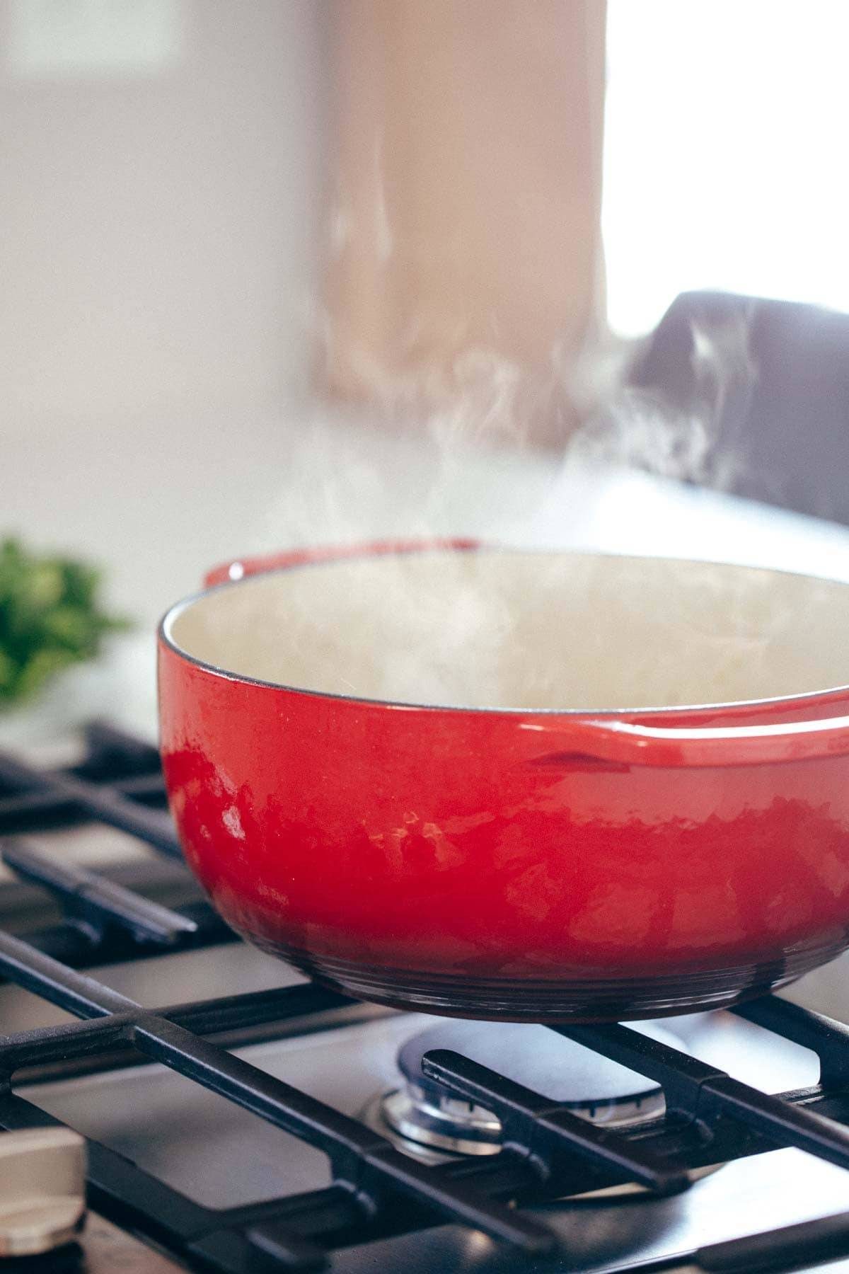 Dutch oven steaming on a stove.